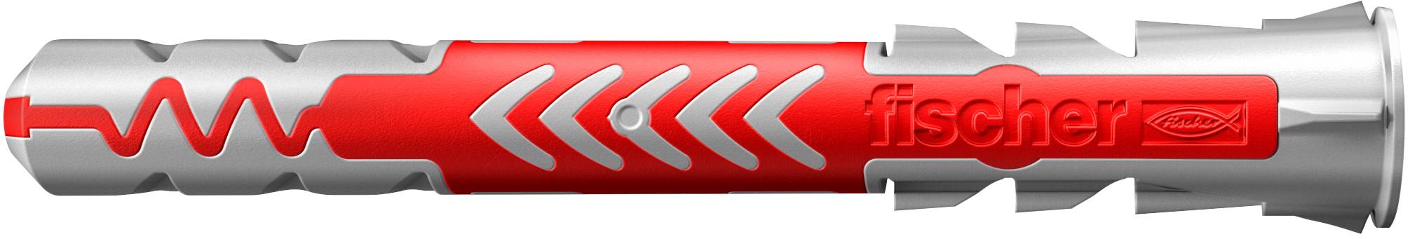Ein rot-grauer Wandstecker mit dem Markennamen „fischer". Er hat ein Zickzack-Muster und pfeilförmige Designs und wird zum Befestigen von Schrauben in Wänden verwendet.