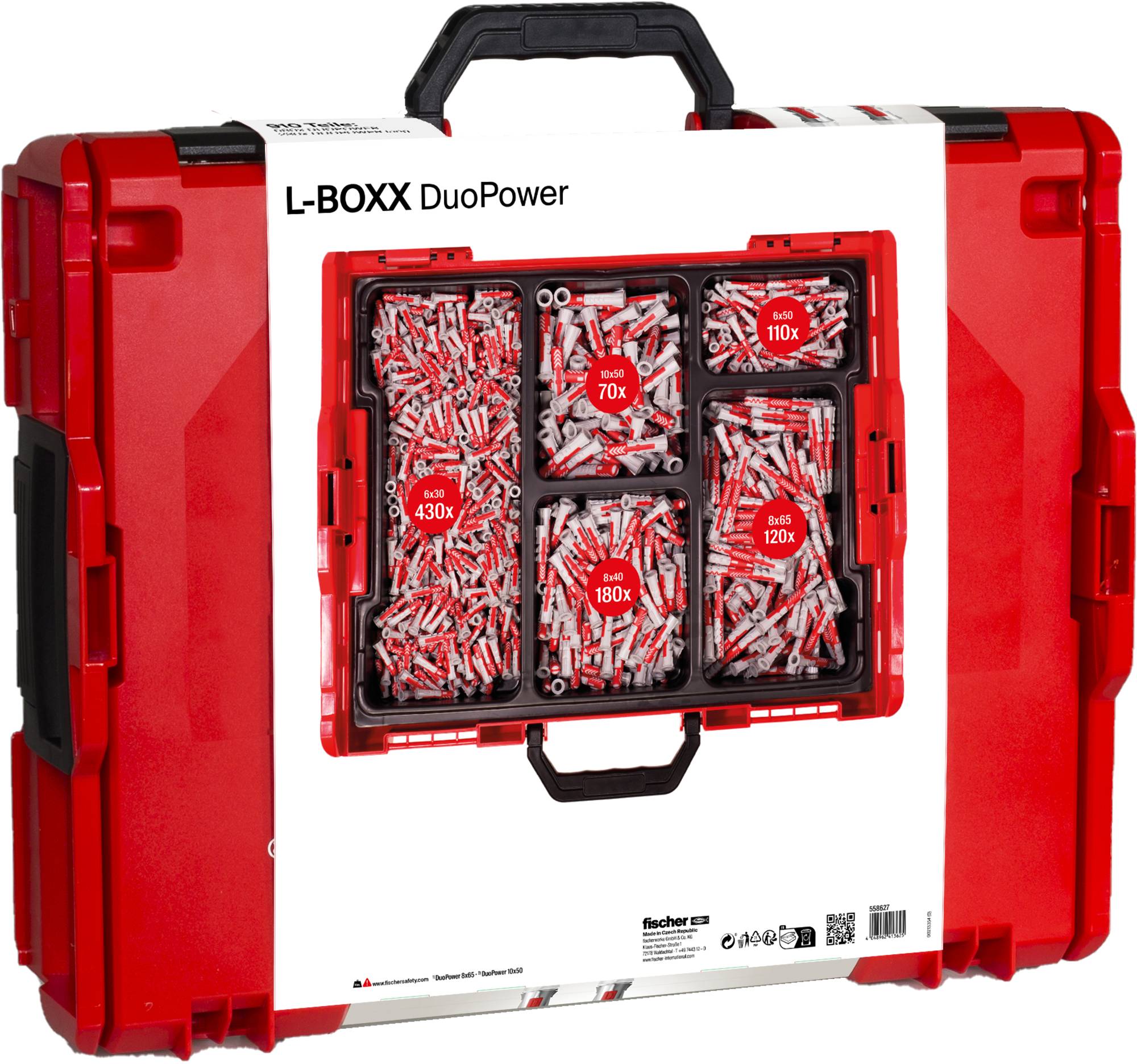 'Red L-BOXX DuoPower' Transportbox mit sortiertem Wanddübel-Sortiment, nach Größe und Typ in sechs Fächern kategorisiert, insgesamt 830 Teile.