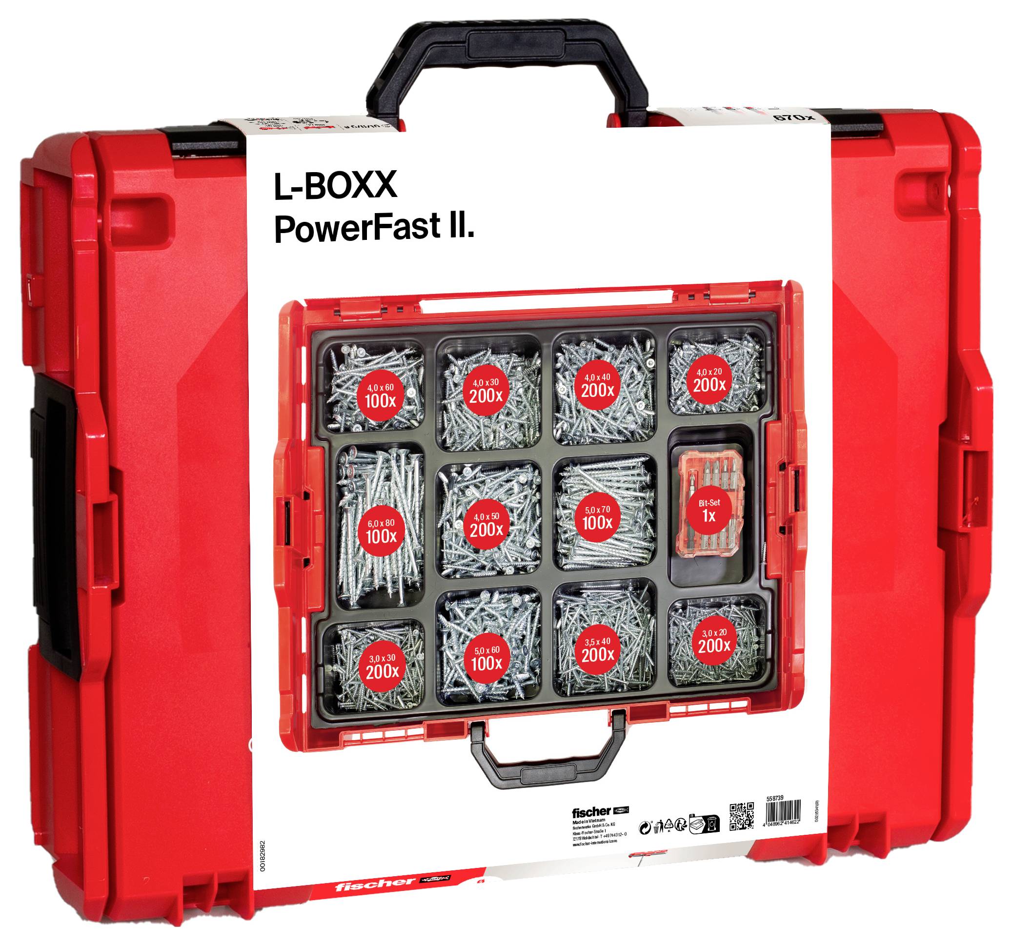 Eine rote Werkzeugbox mit der Aufschrift "L-BOXX PowerFast II" enthält mehrere Fächer, die mit Schrauben gefüllt sind, wobei Etiketten verschiedene Mengen anzeigen.
