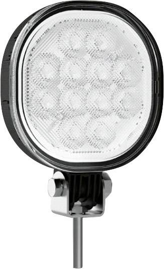 Ein ovaler LED-Scheinwerfer mit 12 runden Leuchtelementen. Er hat ein schwarzes Gehäuse und eine Halterung auf der Unterseite.