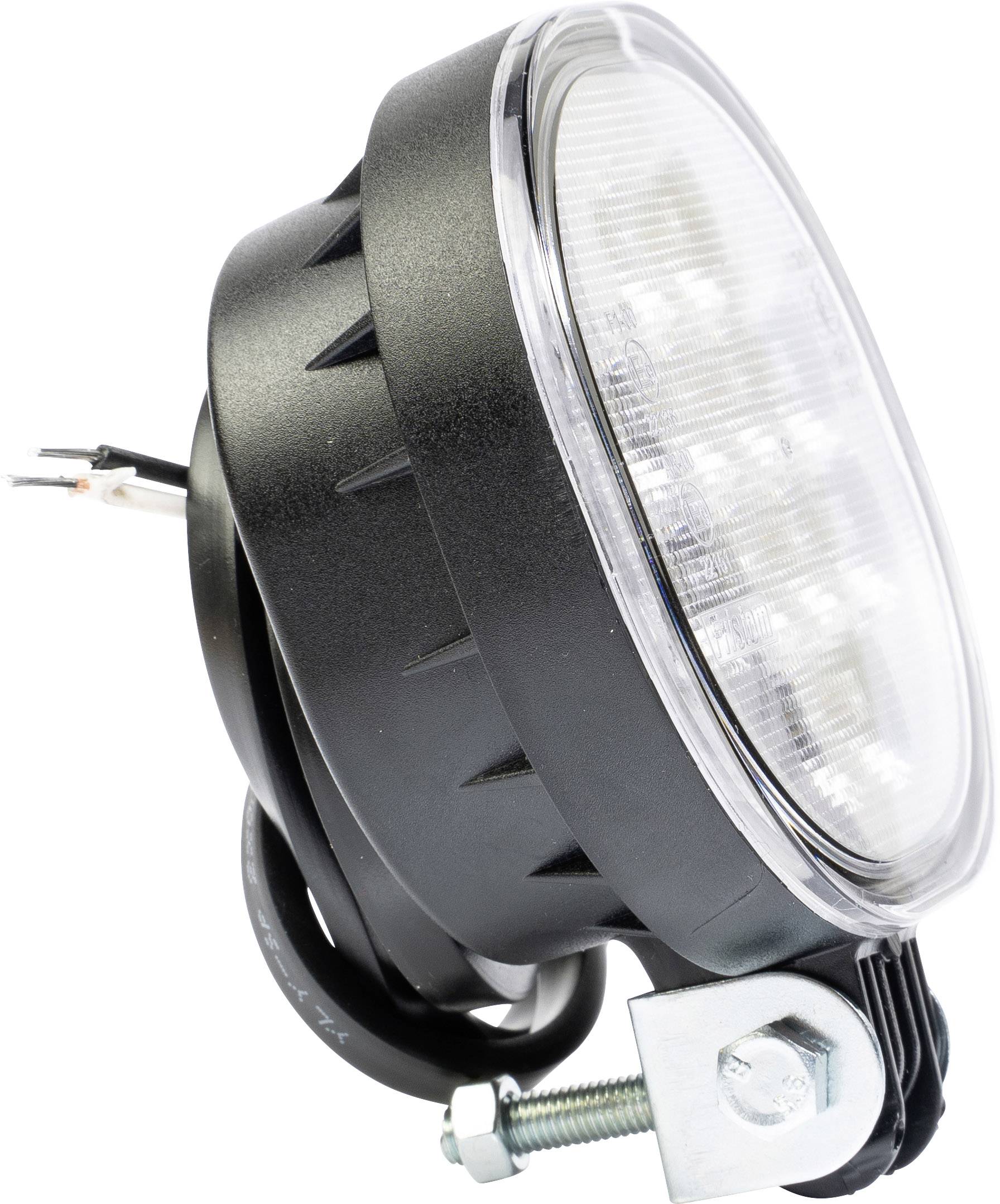 Ein runder LED-Arbeitsscheinwerfer mit Hülle und Kabel zur Befestigung an Fahrzeugen oder Maschinen, montiert mit Bolzen und Muttern.