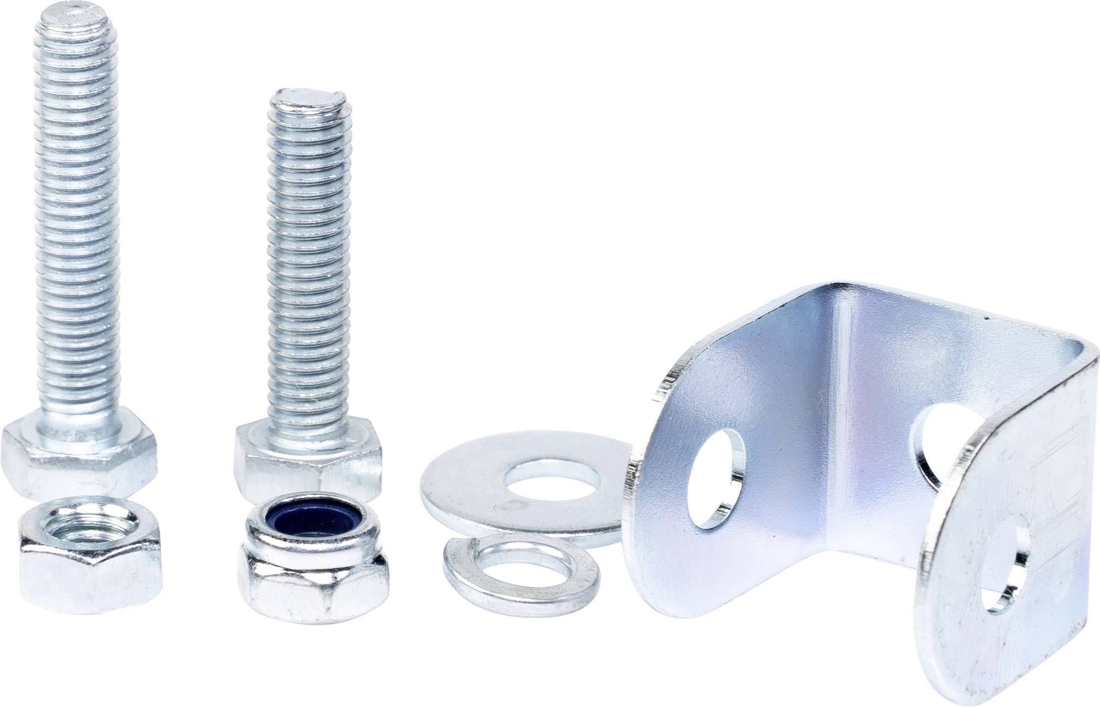 Metallschrauben mit Muttern, Unterlegscheiben und einem L-förmigen Metallwinkel, geeignet für Befestigungsprojekte.