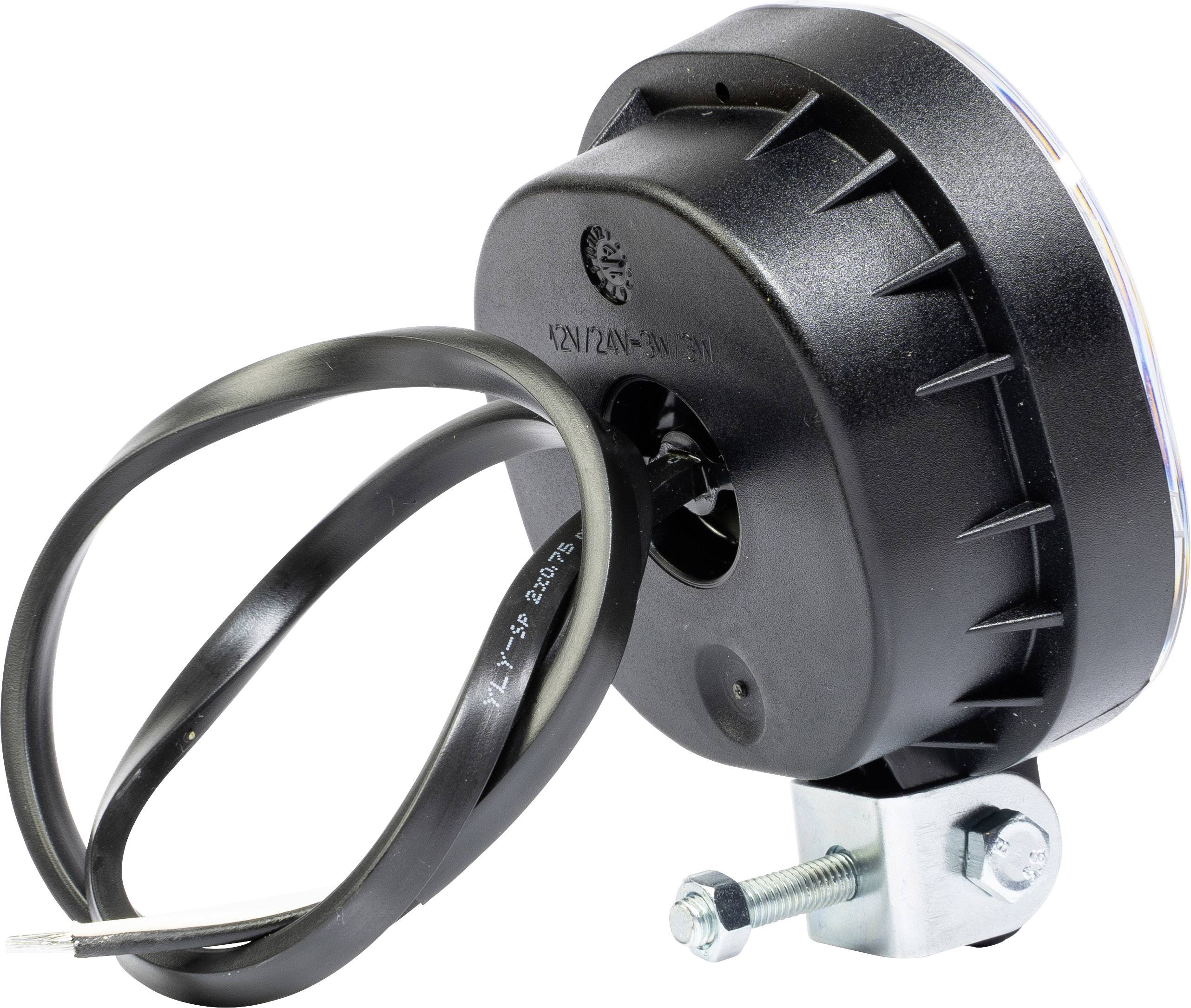 Runde, schwarze Rückleuchte mit Metallhalterung und Kabel, seitlicher Blickwinkel.