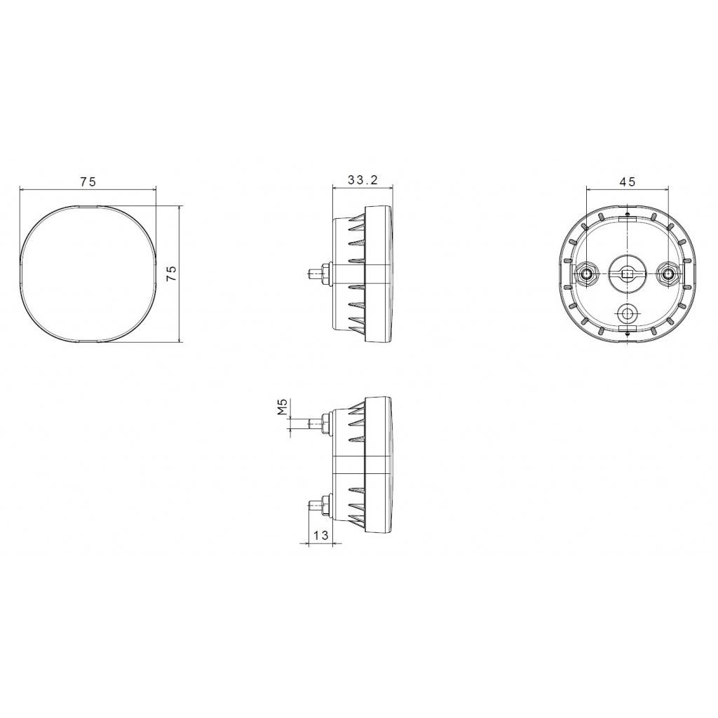 Technische Zeichnung zeigt vier Ansichten eines runden Objekts mit Maßen: oben (75 mm), Seite (33,2 mm/13 mm) und Rückseite (45 mm).