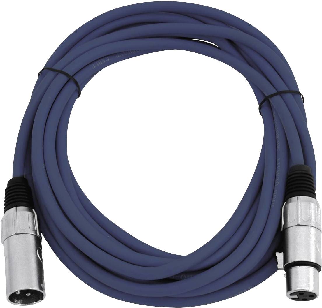 Ein zusammengerolltes blaues Audiokabel mit zwei XLR-Steckern an den Enden.