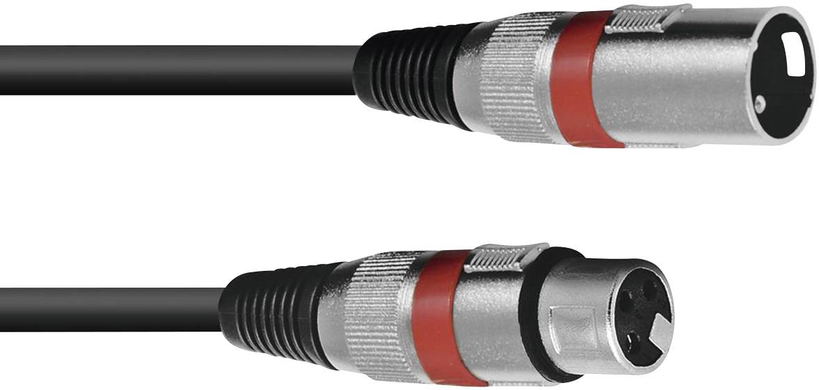 'Ein schwarz-rotes XLR-Kabel mit männlichem und weiblichem Stecker, häufig für professionelle Audioverbindungen verwendet.'