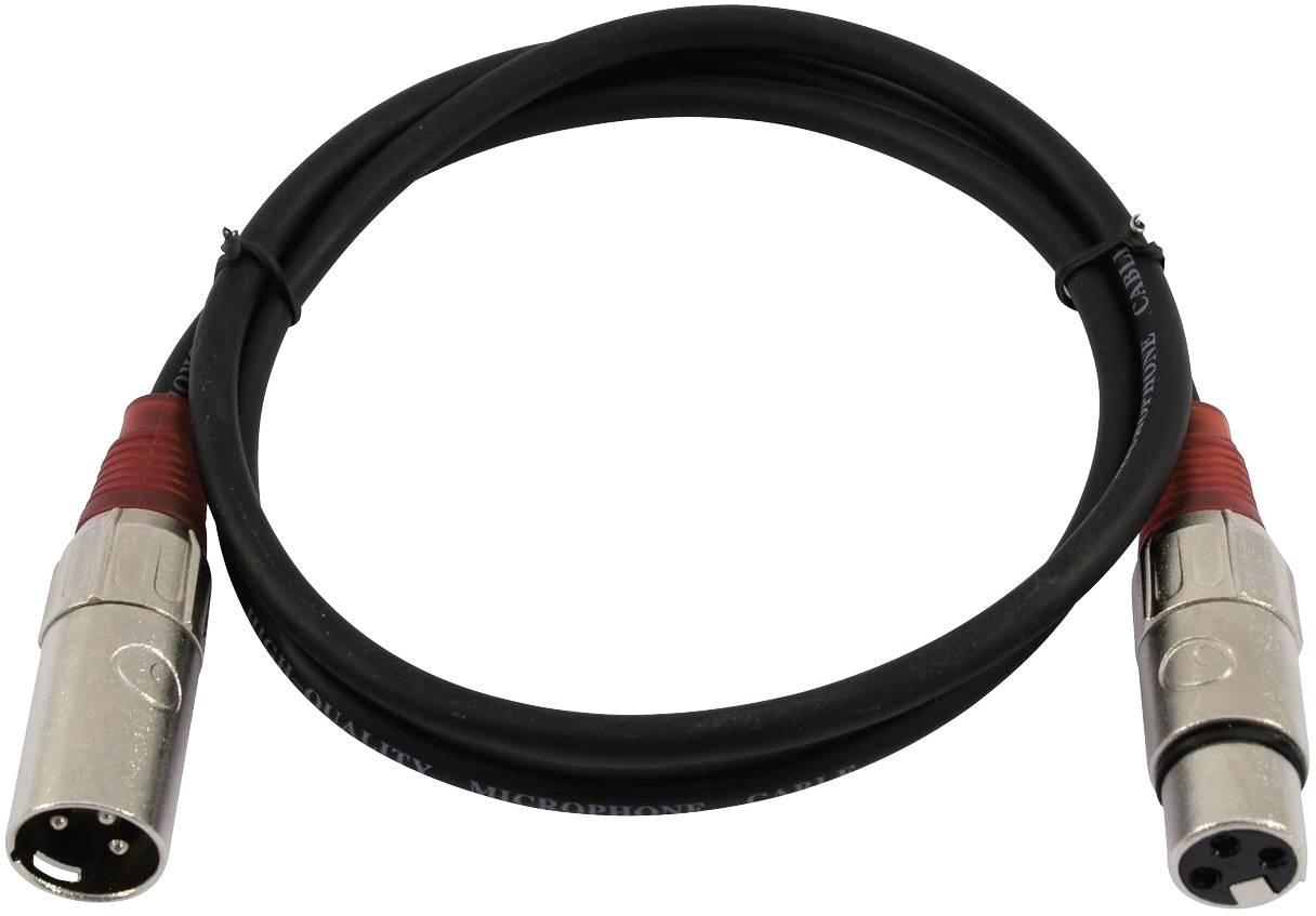 'Ein schwarzes XLR-Kabel mit einem männlichen Stecker links und einem weiblichen Stecker rechts, beide mit roten Akzenten.'