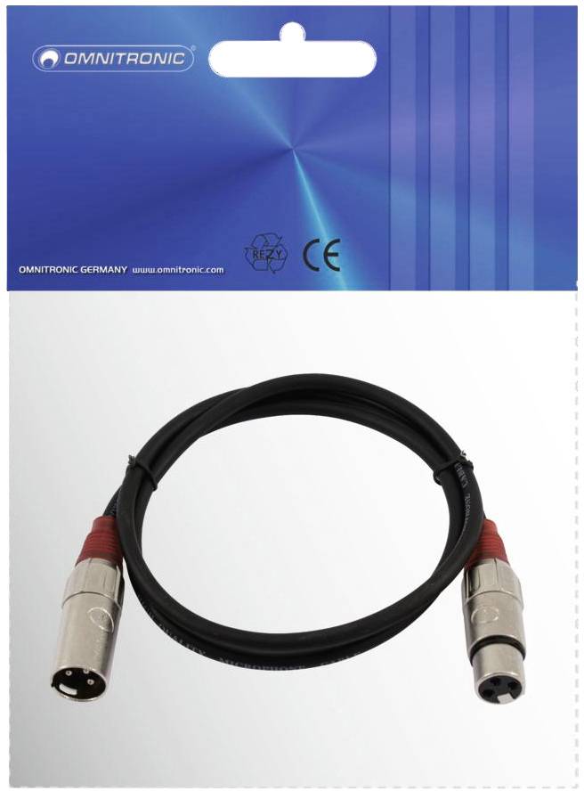 Kabelverpackung mit XLR-Audiokabel von Omnitronic, zeigt männlichen und weiblichen Anschluss. Verpackung blau, obere Ecke aufgehangbar.