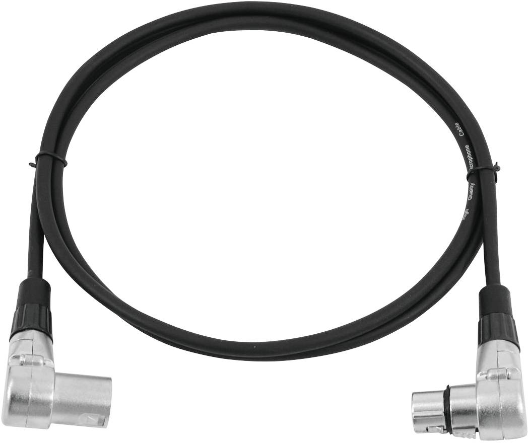 Ein schwarzes Audiokabel mit zwei rechtwinkligen Steckern an beiden Enden.