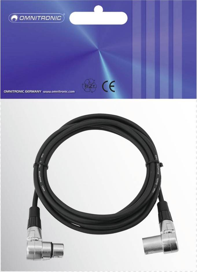 Schwarzes XLR-Kabel mit gewinkelten Steckern, verpackt in einem blauen Karton von Omnitronic. Geeignet für Audioverbindungen.