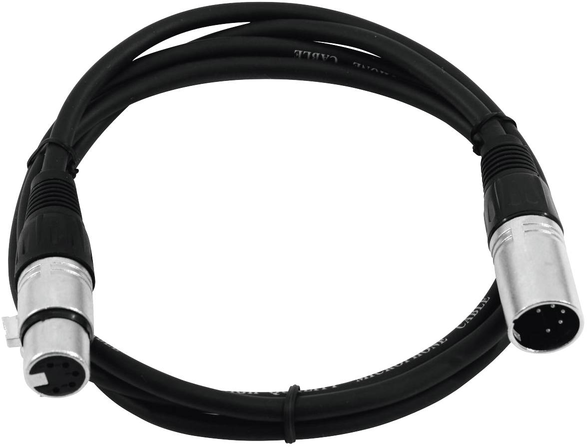 Schwarzes XLR-Kabel mit einem männlichen und einem weiblichen Stecker an den Enden, geeignet für Audioverbindungen und Mikrofone.
