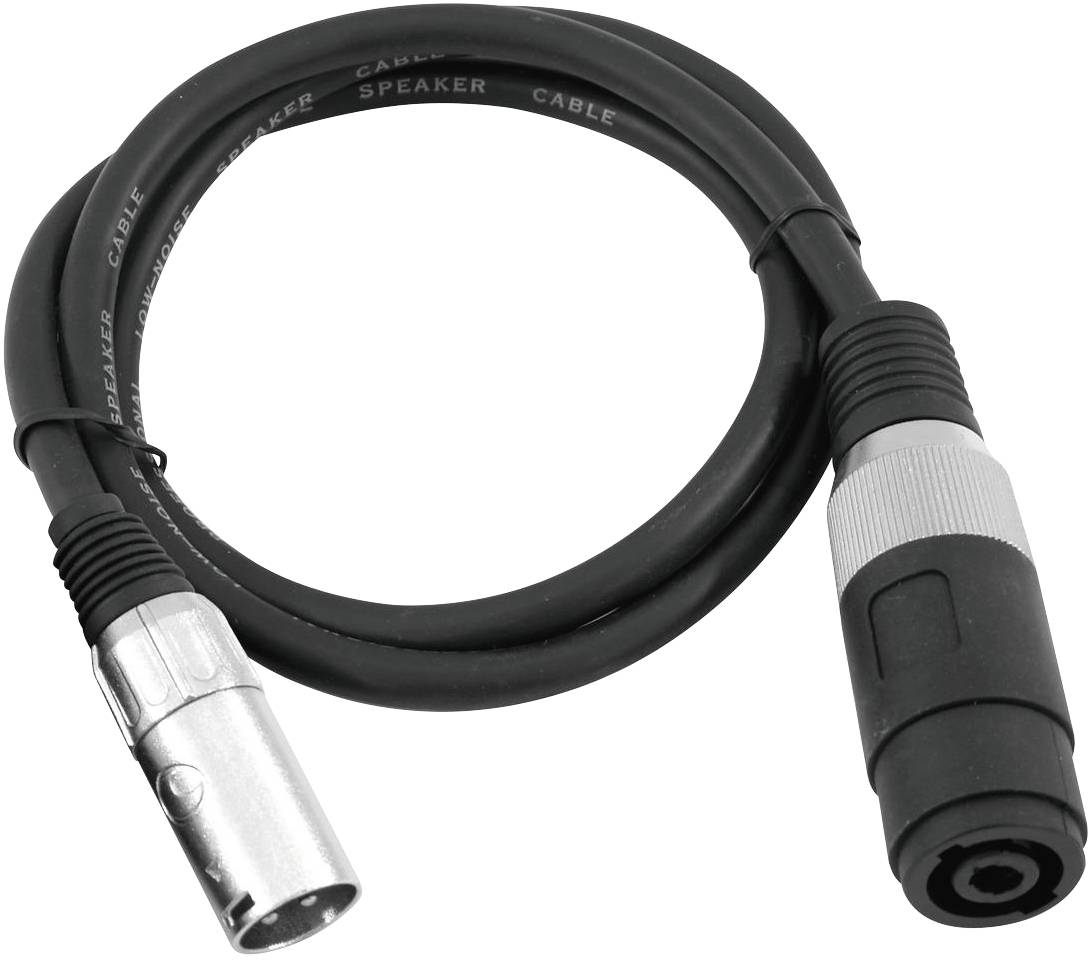 'Ein schwarzes Audiokabel mit einem XLR-Stecker auf der linken Seite und einem Speakon-Stecker rechts, zur Verbindung von Audioequipment.'