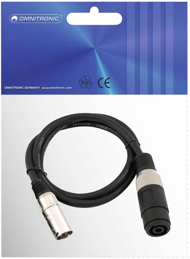 Ein schwarzes Audiokabel mit XLR-Steckern auf blauem Hintergrund, Markenname 'Omnitronic' oben, geeignet für Verbindungen in Audiogeräten.