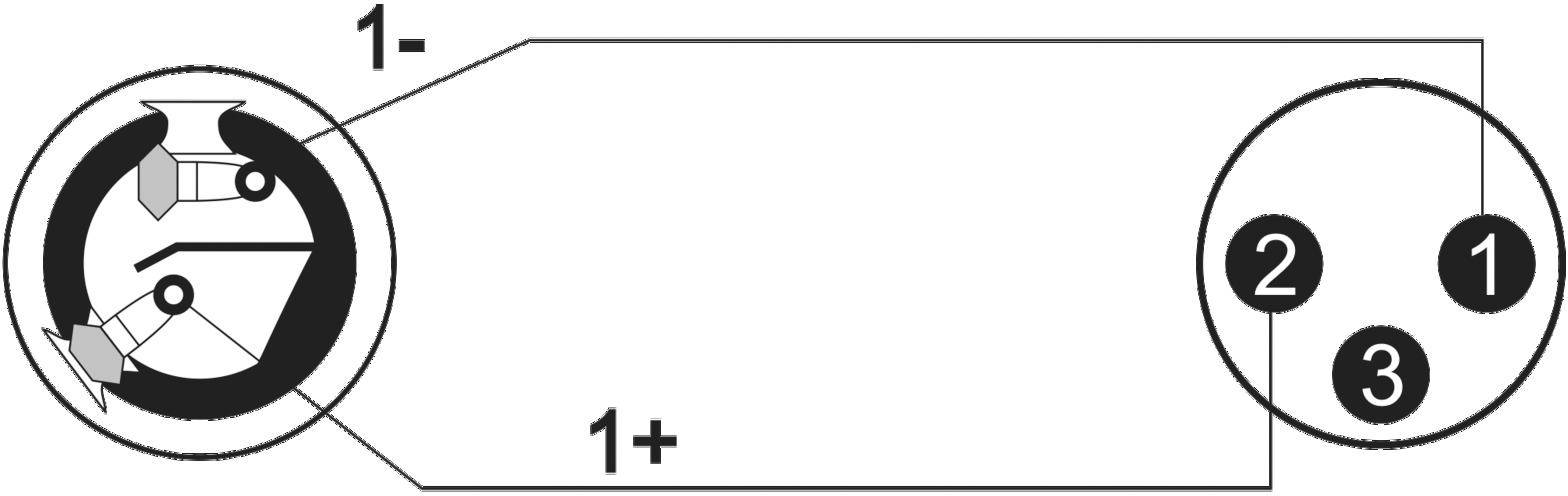 Zeigt eine schematische Darstellung eines elektrischen Anschlusses mit markierten Kontakten '1', '2', '3', gekennzeichnet als '1+' und '1-'.