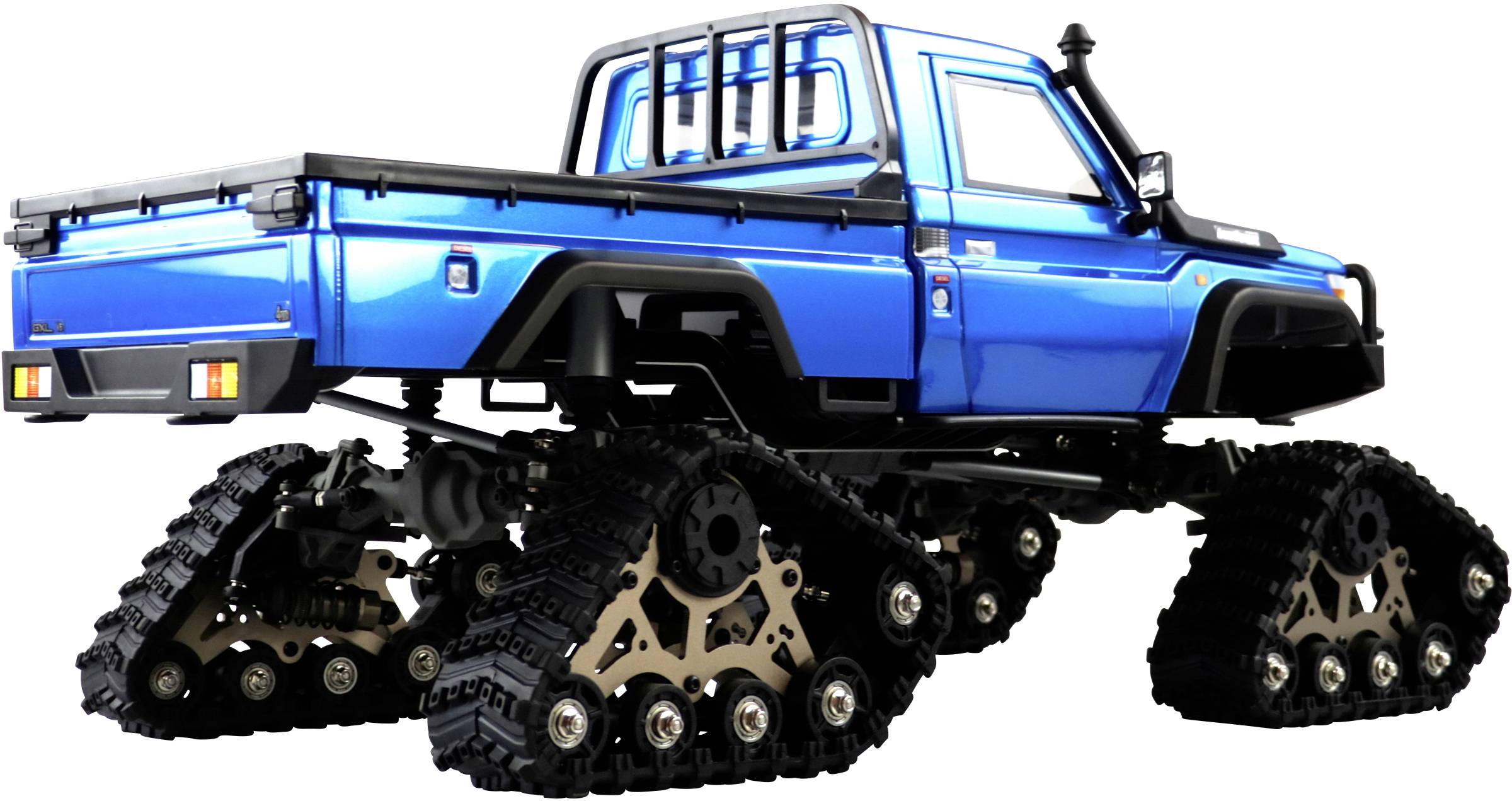 Ein blauer Geländewagen mit Raupenketten anstelle von Rädern, geeignet für schwieriges, unwegsames Gelände.