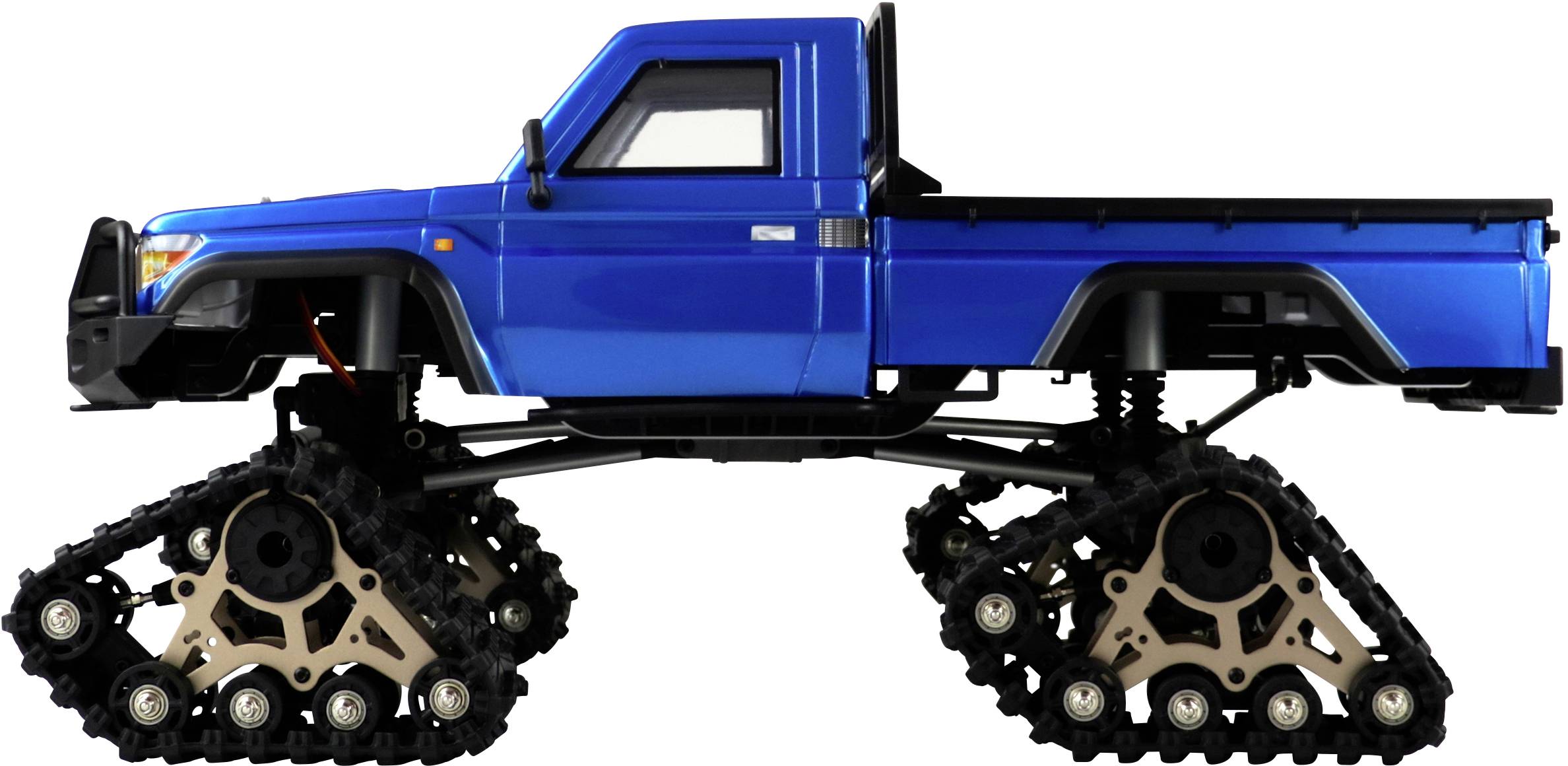 Blauer Pickup-Truck mit Raupenketten anstelle von Rädern. Der Truck ist seitlich gezeigt und hat eine Ladefläche.