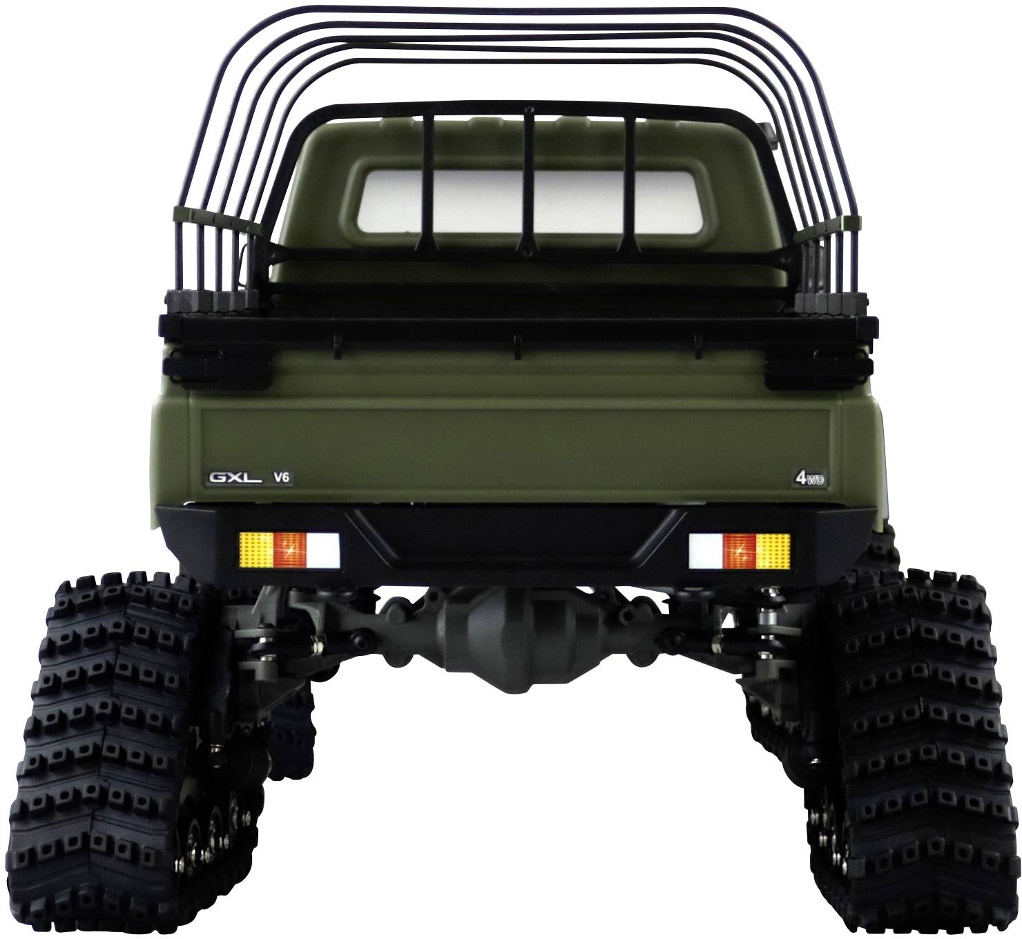 Ein Spielzeug-Allradfahrzeug von hinten mit dicken, genoppten Rädern und grüner Ladefläche, geeignet für Offroad-Gelände.