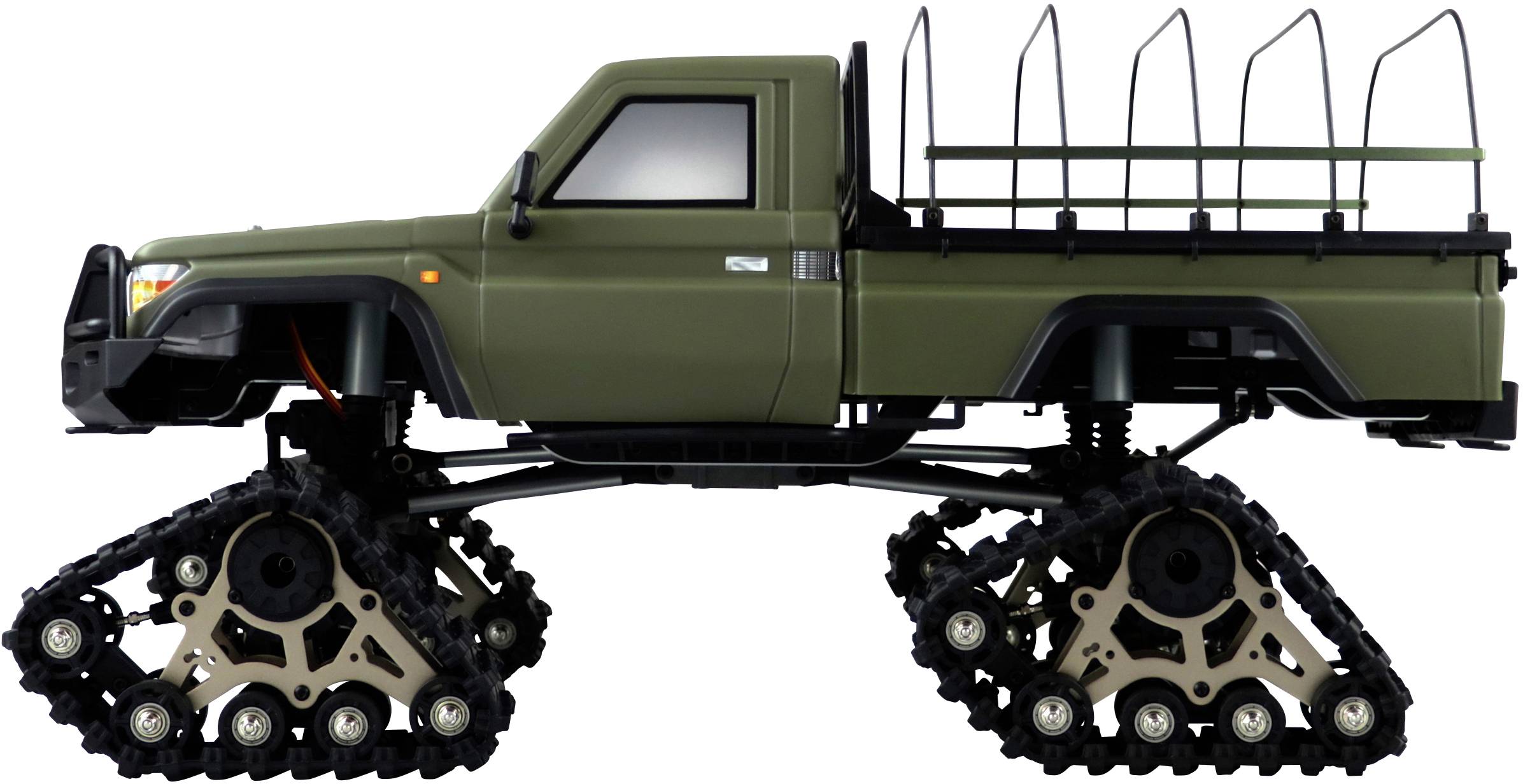 Ein olivgrüner Pickup-Truck mit Kettenantrieb statt Reifen, abgebildet von der Seite, auf weißem Hintergrund.