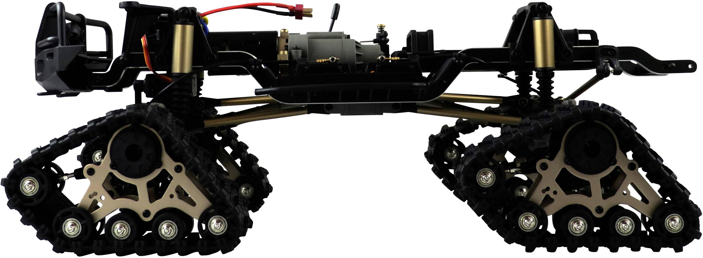 Ein ferngesteuertes Fahrzeug-Chassis mit robusten Kettenrädern, geeignet für schwieriges Gelände. Detaillierte Mechanik sichtbar.