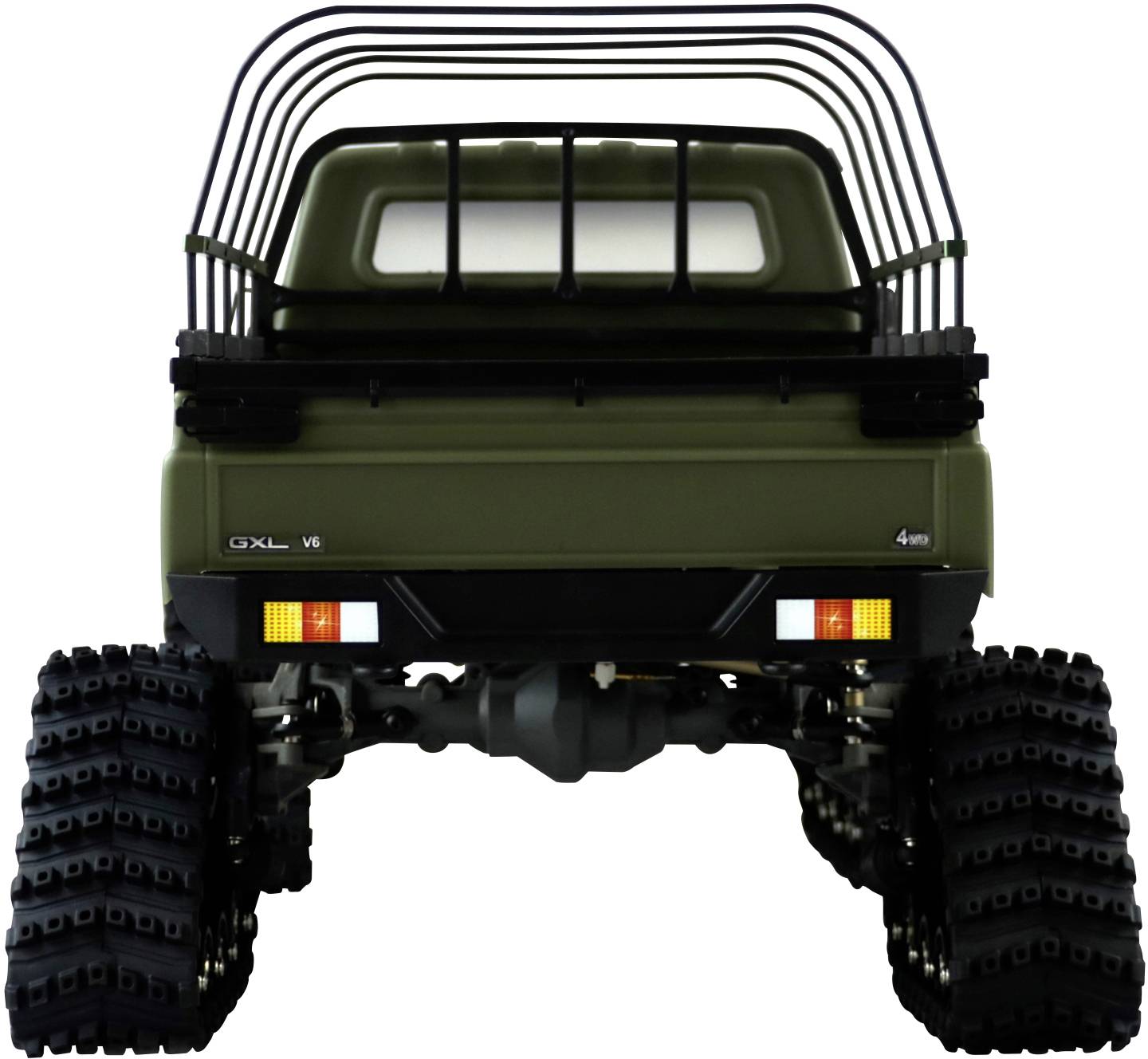 Ein Modellauto-Truck mit robusten Offroad-Reifen und Schutzgitter auf der Ladefläche, in dunkelgrüner Farbe von hinten betrachtet.
