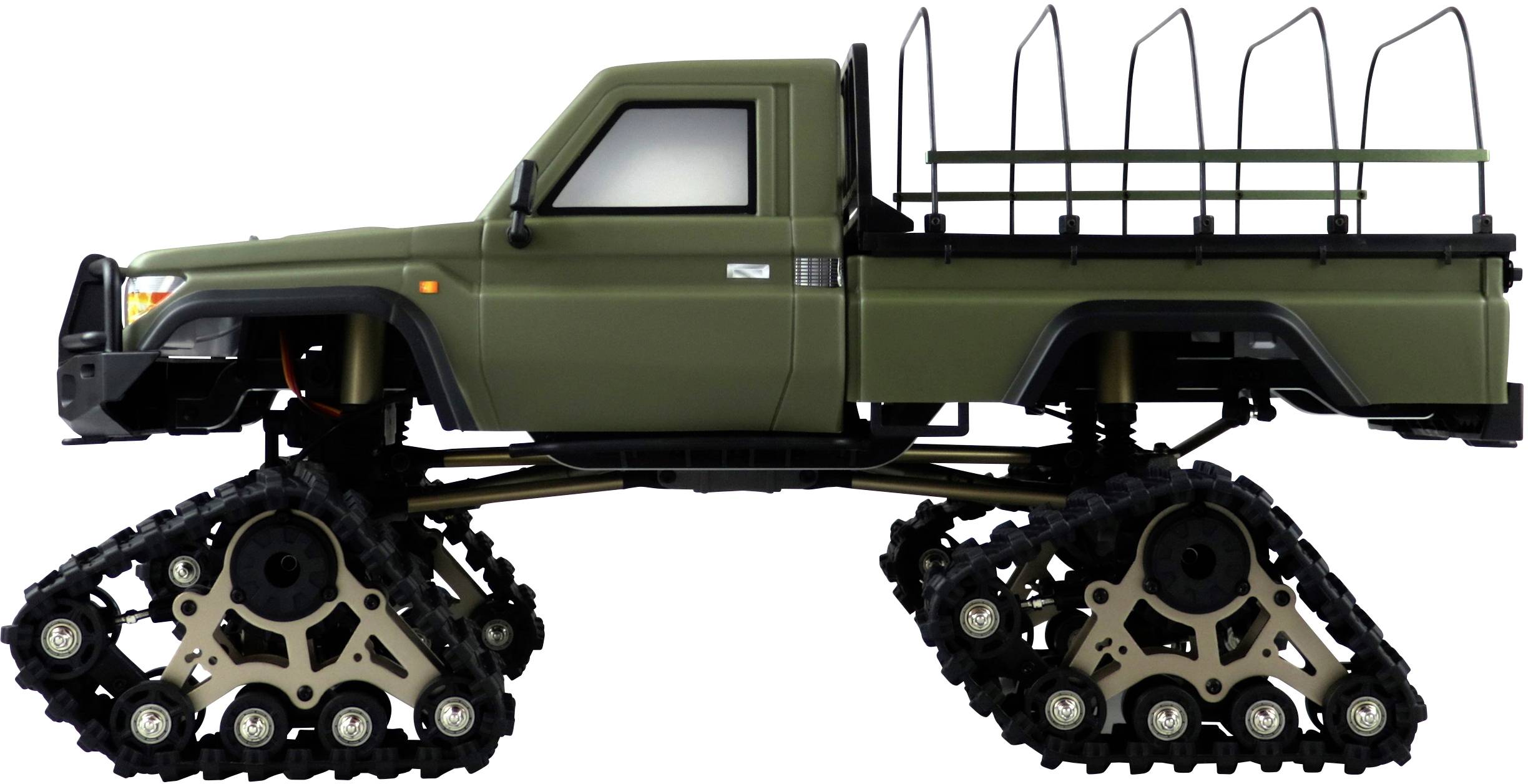 Ein olivgrüner Geländewagen mit Raupenketten statt Rädern, seitlich abgebildet. Ideal für unwegsames Gelände.