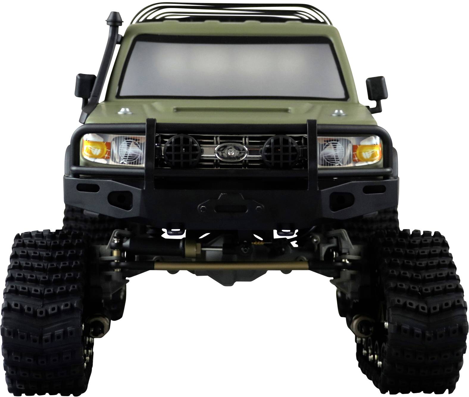 Ein ferngesteuertes Modellauto im Offroad-Stil mit großen, profilierten Reifen und Olivgrünem Außenlack, frontal abgebildet.
