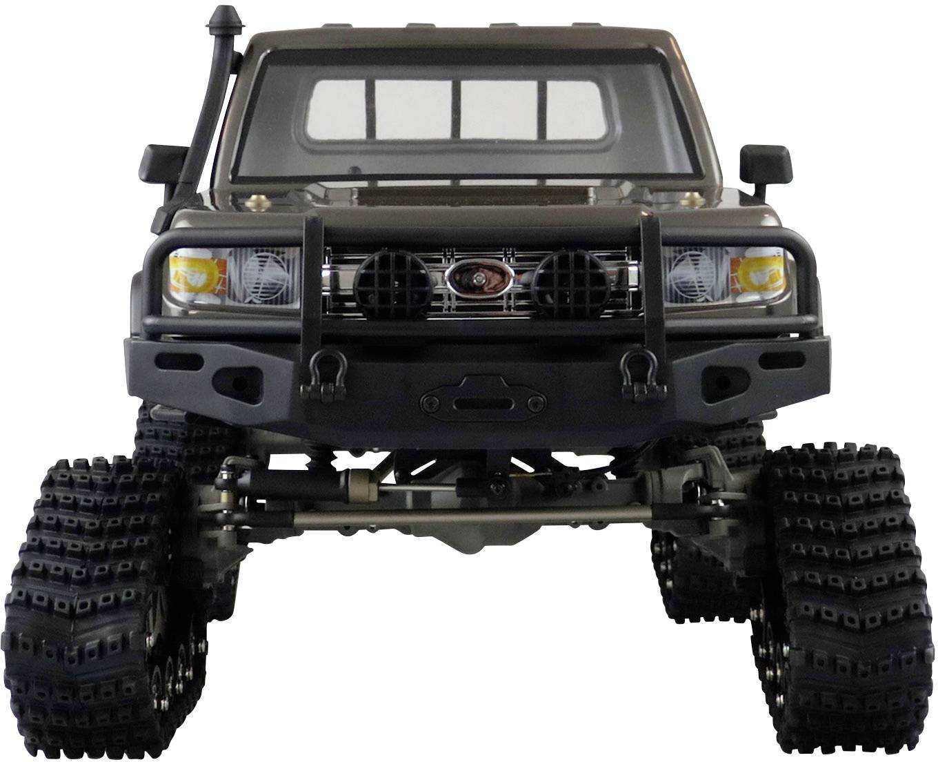 Ein Spielzeug-Offroad-Truck mit robusten Reifen und detailreicher Frontansicht, geeignet für Geländeabenteuer.