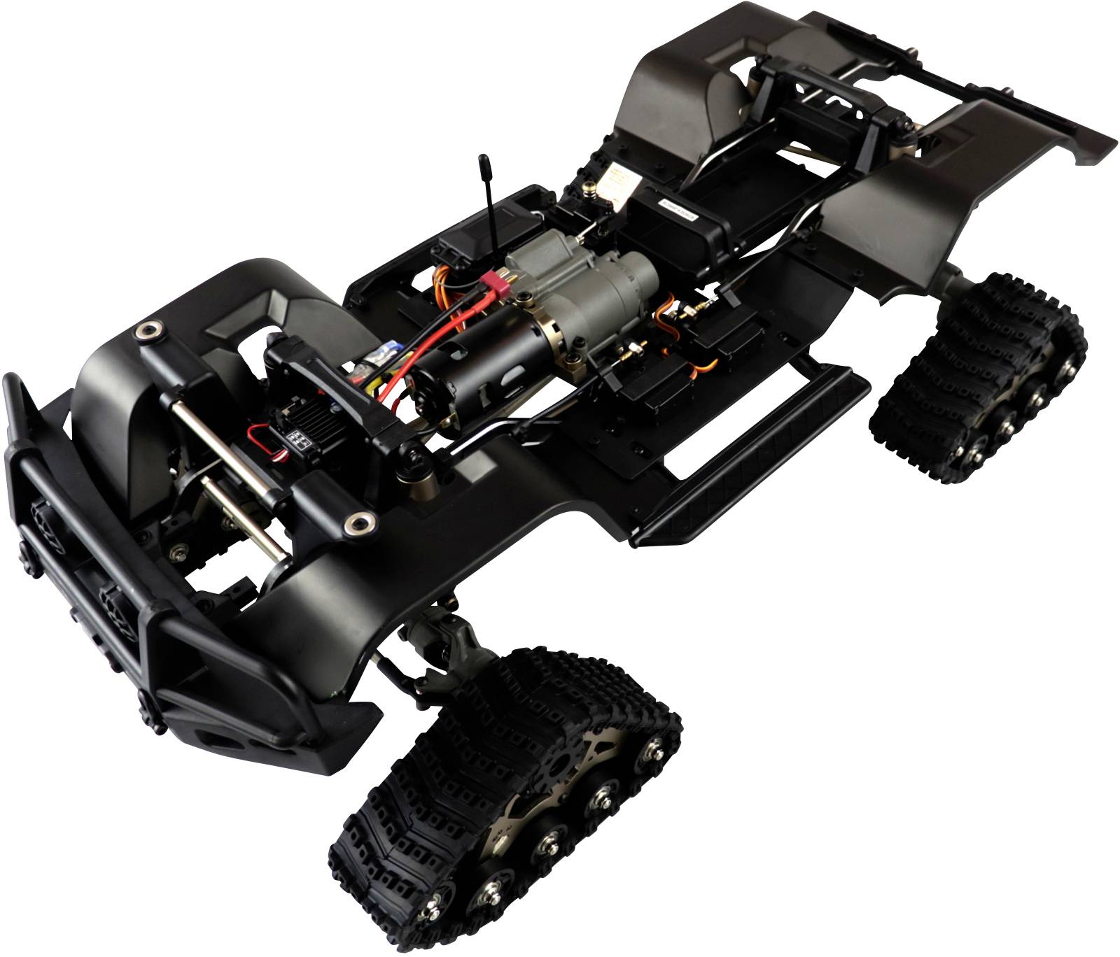 Das Bild zeigt das Chassis eines ferngesteuerten Autos mit Kettenantrieb, sichtbarem Motor und Elektronik, bereit für Montage.