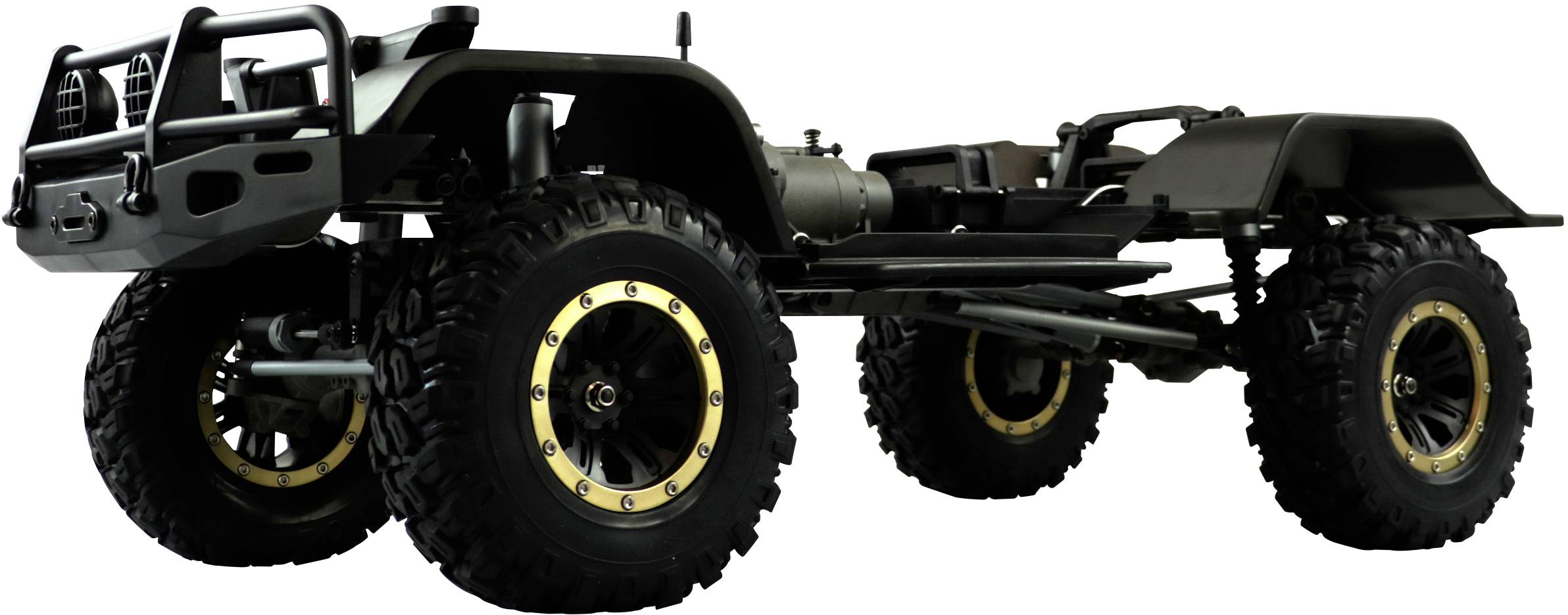 Ein ferngesteuertes Geländefahrzeug ohne Karosserie, zeigt robuste Räder und Aufhängungsteile, bereit für den Offroad-Gebrauch.