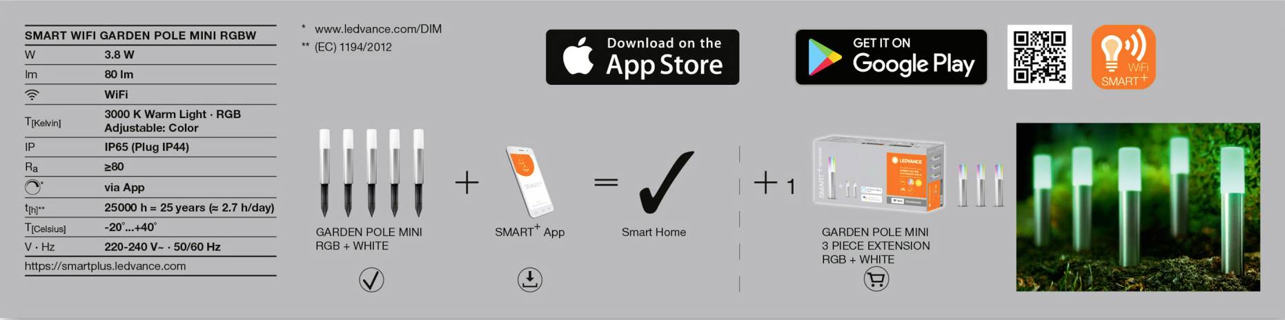 LEDVANCE 4058075478190 SMART+ GARDENPOLE MINI MULTICOLOR RGBW WIFI LED-Gartenleuchte LED LED fest eingebaut 3.8 W Silber-6