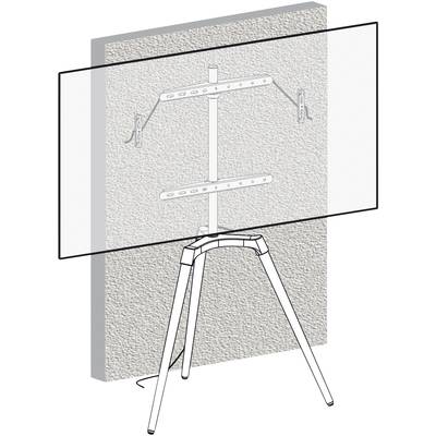 'Illustration eines TV-Ständers vor einer Wand mit Halterungsmechanismus. Der Ständer hat drei Beine und einen vertikalen Stützfuß.'