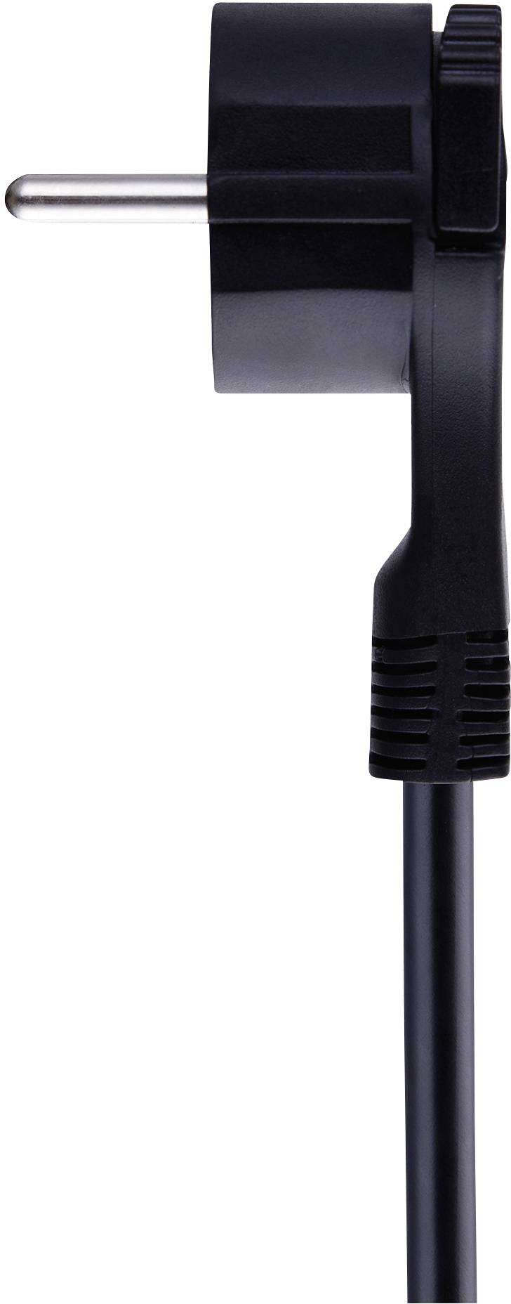 Schwarzer Eurostecker mit Kabel, Seitenansicht, zeigt den flachen Stift und die runde Form des Gehäuses.