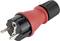 Ein roter und schwarzer CEE-Adapterstecker mit zwei Stiften, geeignet für elektrische Verbindungen, vor weißem Hintergrund.
