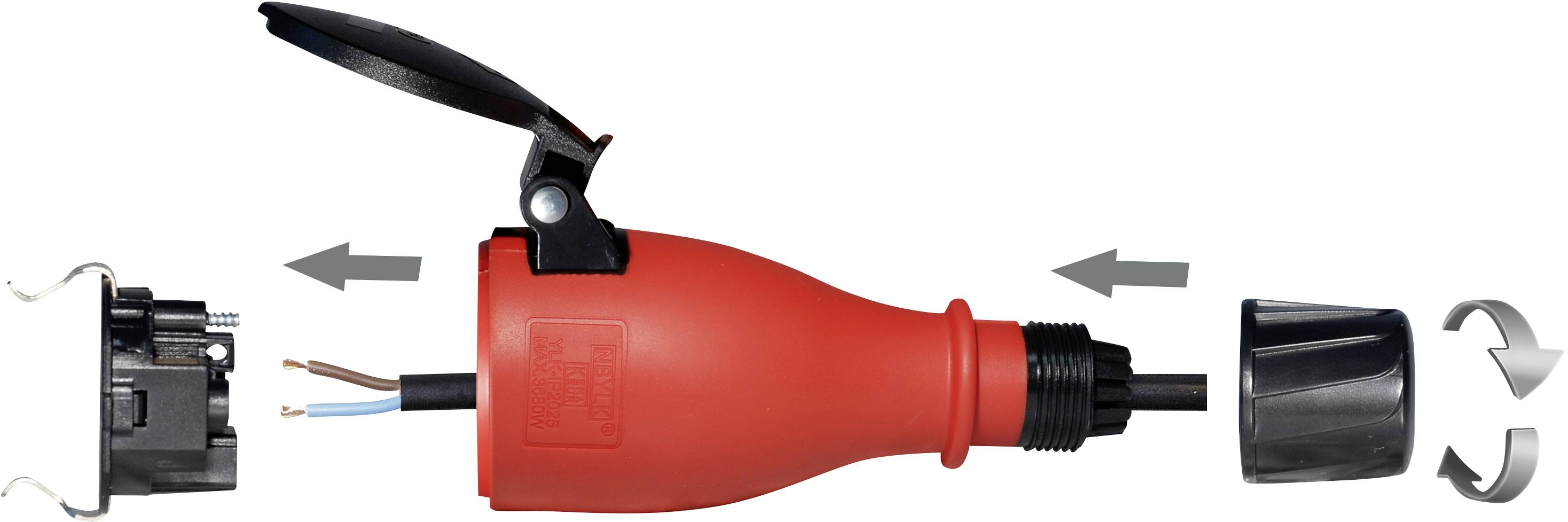 Explodierte Ansicht eines Steckverbinders mit rotem Gehäuse und schwarzen Kunststoffteilen. Pfeile zeigen Montageanweisungen.