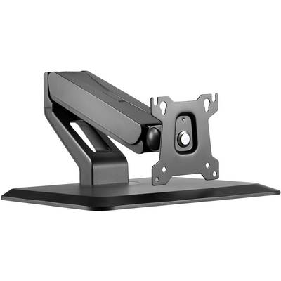 Ein schwarzer Monitorständer mit verstellbarem Arm und standardisierter Halterung. Ideal zur flexiblen Positionierung von Bildschirmen.