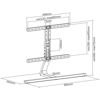 Darstellung eines TV-Ständers mit Abmessungen: Breite 905 mm, Höhe verstellbar zwischen 585–735 mm und Mindesthöhe 110 mm.