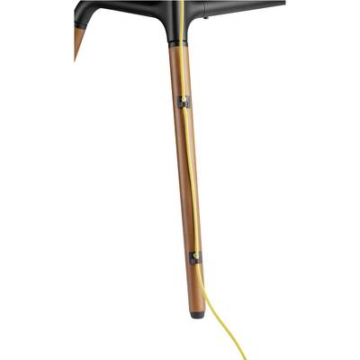 Tischbein aus Holz mit schwarzem Metallknauf; gelbes Kabel an der Innenseite befestigt.
