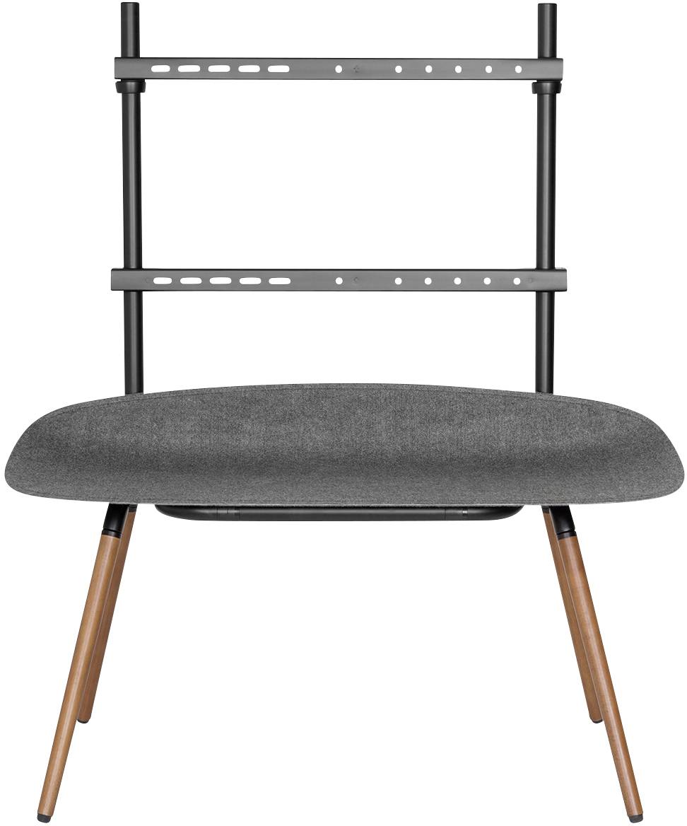 Ein moderner Stuhl mit grauem Polster und Holzbeinen, vor einer Metallstruktur, geeignet für zeitgenössische Wohnräume.