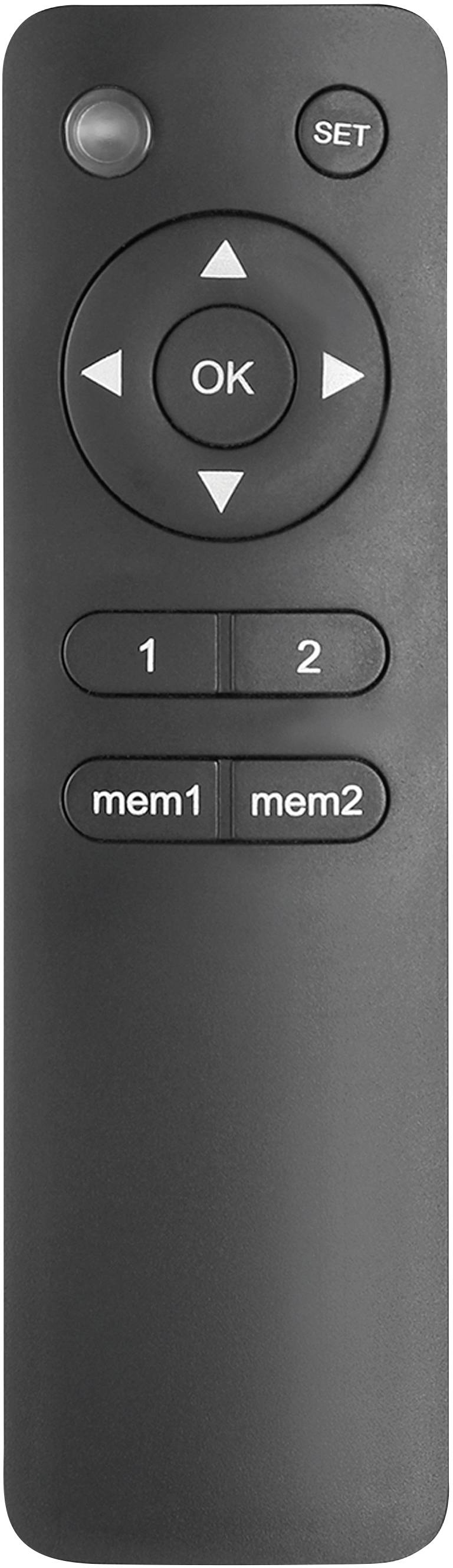 Schwarze Fernbedienung mit Tasten: 'OK', Navigationspfeile, 'SET', '1', '2', 'mem1' und 'mem2', geeignet für Gerätesteuerung.