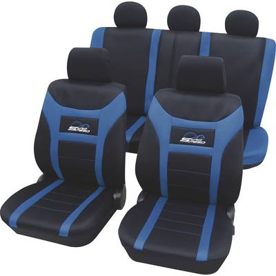 Autositzbezüge in Schwarz mit blauen Streifen, passend für Vordersitze und Rückbank. Enthält drei Kopfstützenbezüge.