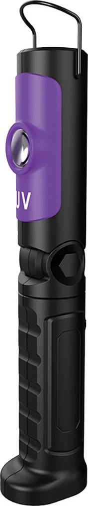 Schwarze und lila UV-Taschenlampe mit Haken zum Aufhängen.