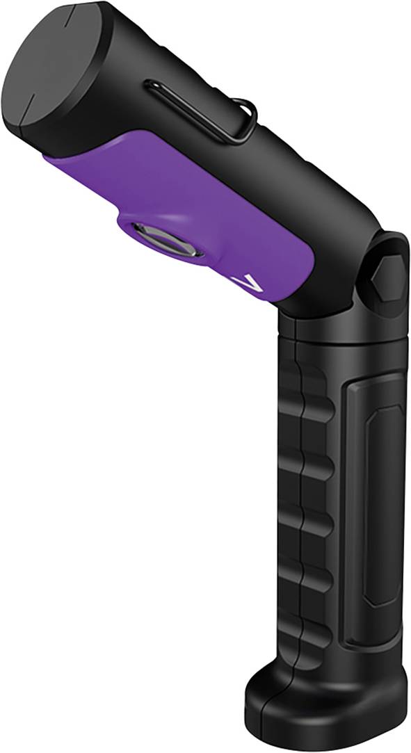 Eine schwarze und violette Taschenlampe mit einem abgewinkelten Griff, die vertikal aufrecht steht. Ideal für freihändige Beleuchtung.