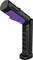Eine schwarze und violette Taschenlampe mit einem abgewinkelten Griff, die vertikal aufrecht steht. Ideal für freihändige Beleuchtung.