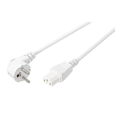 Zwei weiße Elektrostecker, einer mit runden Erdungskontakten, einer mit rechteckigem Anschluss; verbindet Geräte mit Stromquellen.