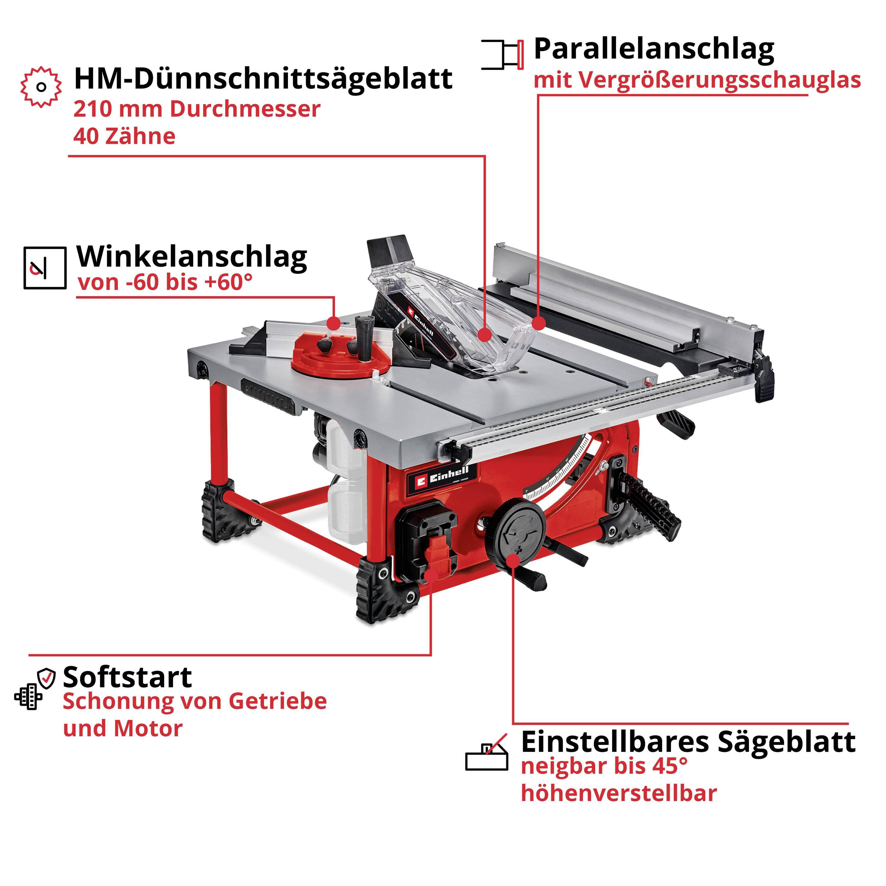 'Tischkreissäge mit HM-Dünnschnittsägeblatt, Parallelanschlag, Winkelanschlag, Softstart und einstellbarem Sägeblatt bis 45°.'