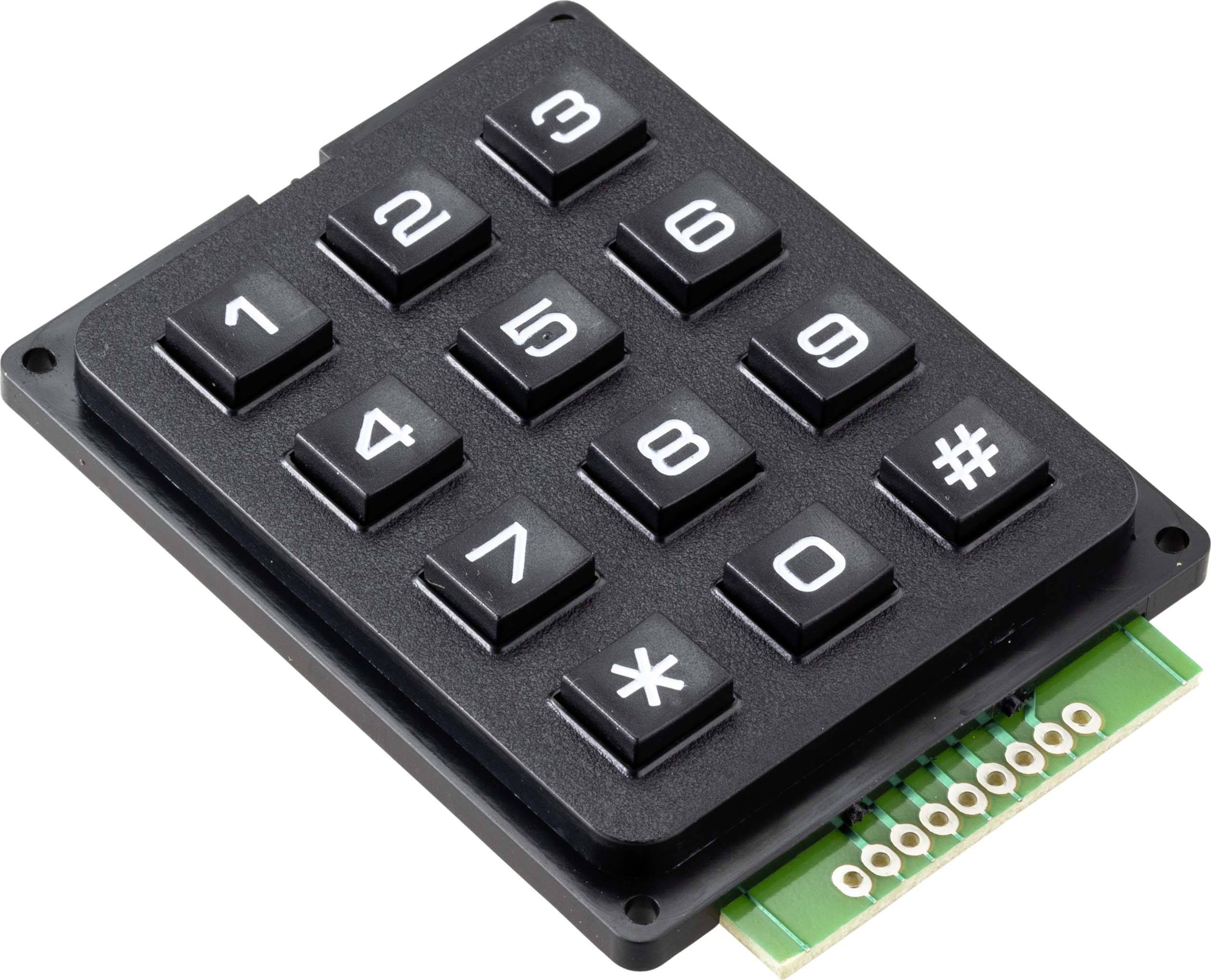 Eine schwarze numerische Tastatur mit Tasten von 0 bis 9, sowie Symbolen '*' und '#', steht leicht geneigt.