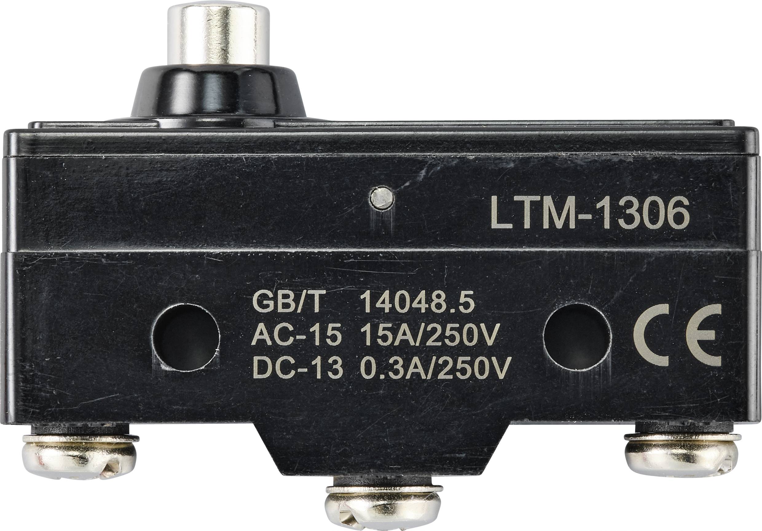 Ein schwarzer elektrischer Schalter mit der Aufschrift 'LTM-1306'. Spezifikationen: AC-15 15A/250V, DC-13 0.3A/250V. CE-Kennzeichnung unten rechts.