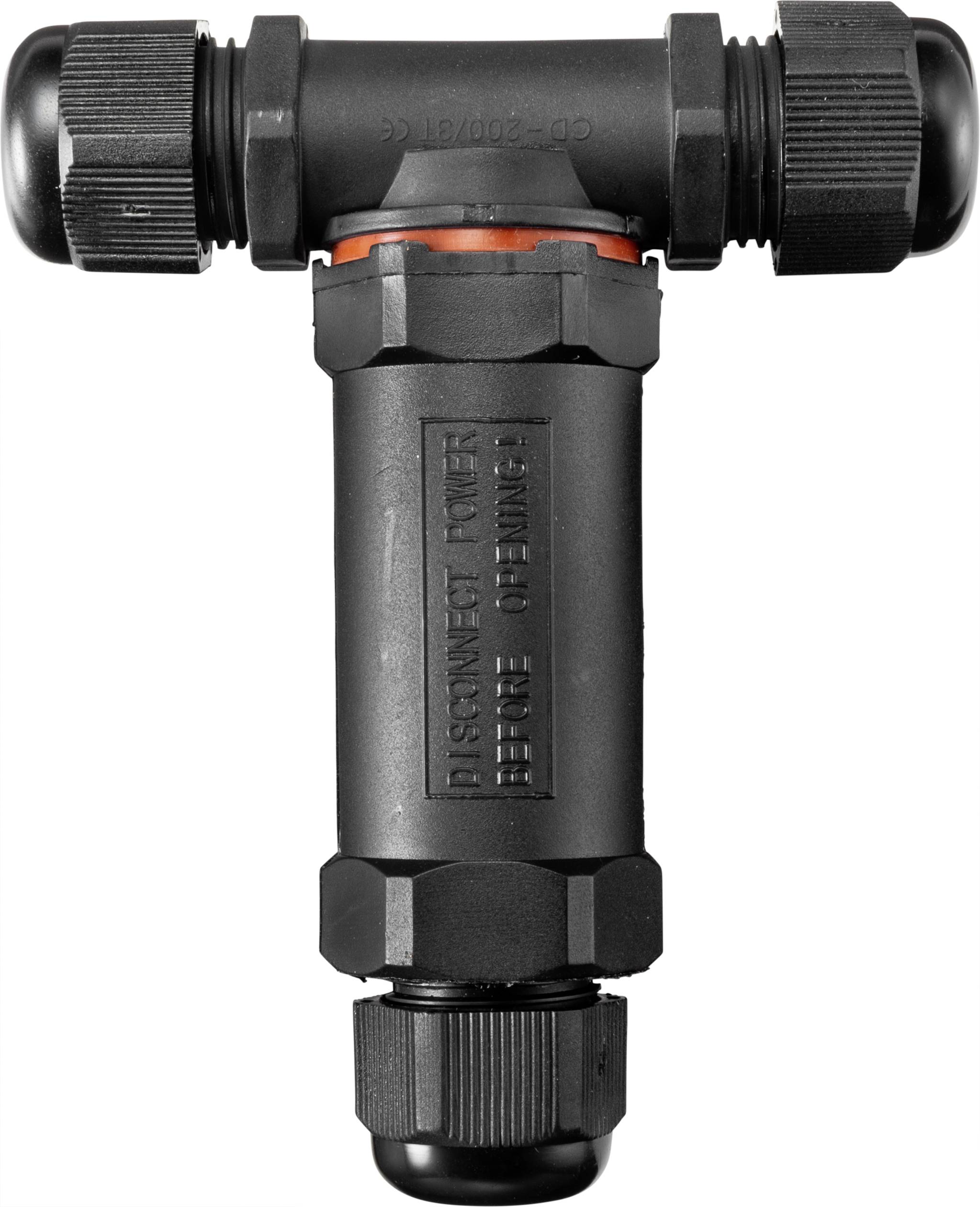 Ein schwarzer T-förmiger Kabelverbinder mit der Aufschrift 'Disconnect Power Before Opening' auf der Vorderseite.