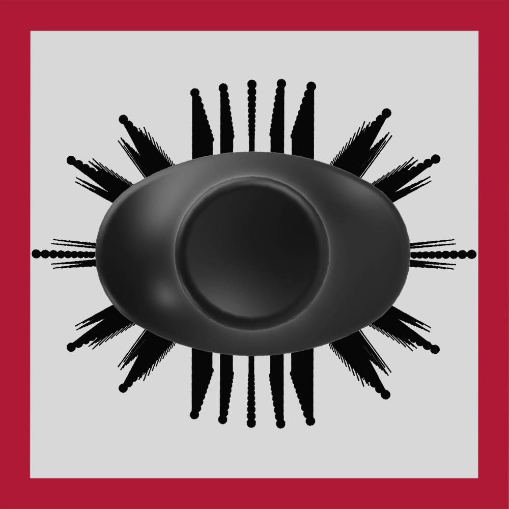 Ein schwarzer, ovaler Knopf auf grauem Hintergrund mit dekorativem, sternförmigem Muster in Schwarz, umrahmt von rotem Rand.