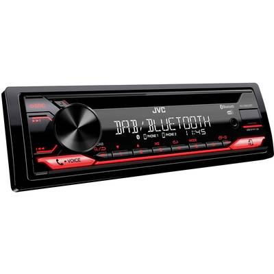 Ein Autoradio von JVC mit Bluetooth-Funktion, roter Beleuchtung und Displayanzeige für DAB, Uhrzeit und Verbindungsstatus.